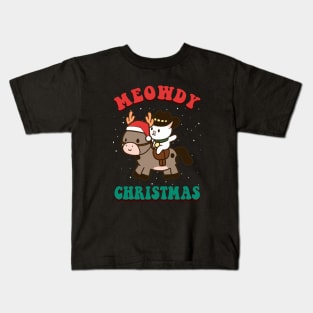 Meowdy Christmas Cute Cowboy Cat Riding A Reindeer Horse Pun Kids T-Shirt